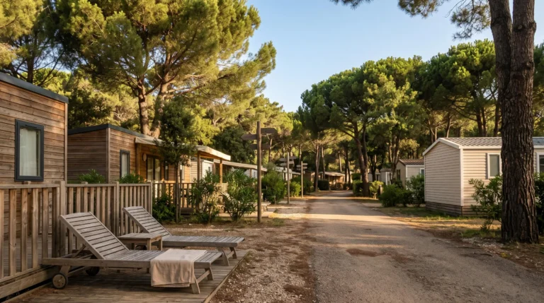 Allee ombragee d'un camping naturiste bordee de chalets en bois et de mobil-homes au coucher du soleil