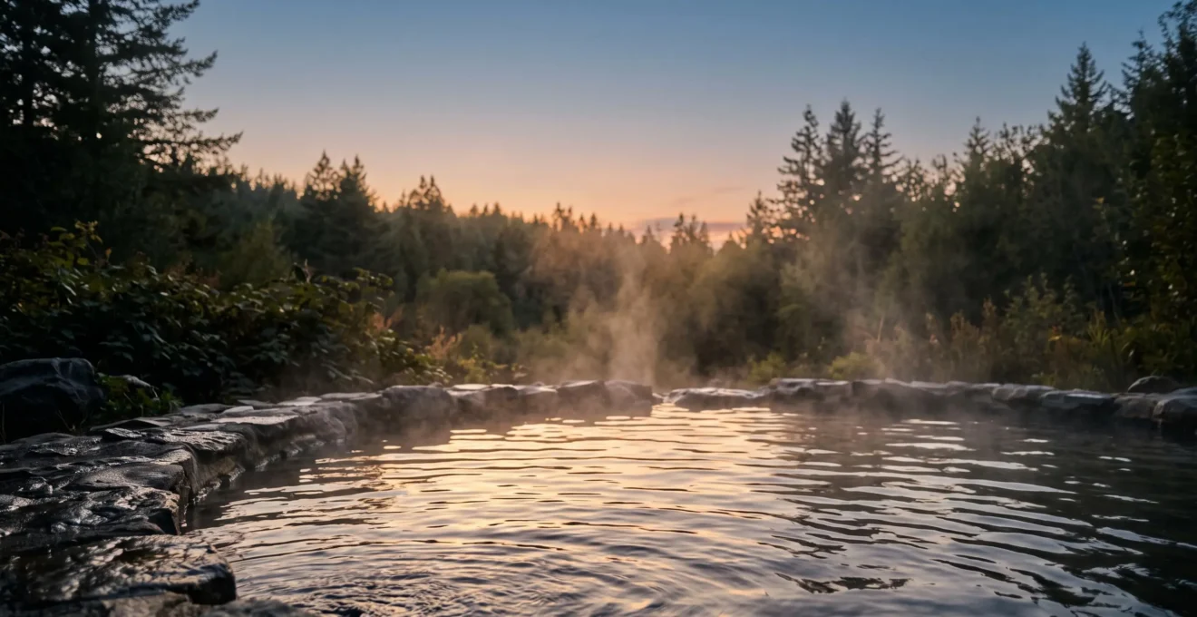 Eau thermale fumante en plein air au coucher du soleil, symbole de détente totale en camping naturiste