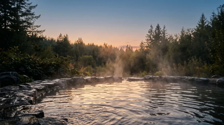 Eau thermale fumante en plein air au coucher du soleil, symbole de détente totale en camping naturiste