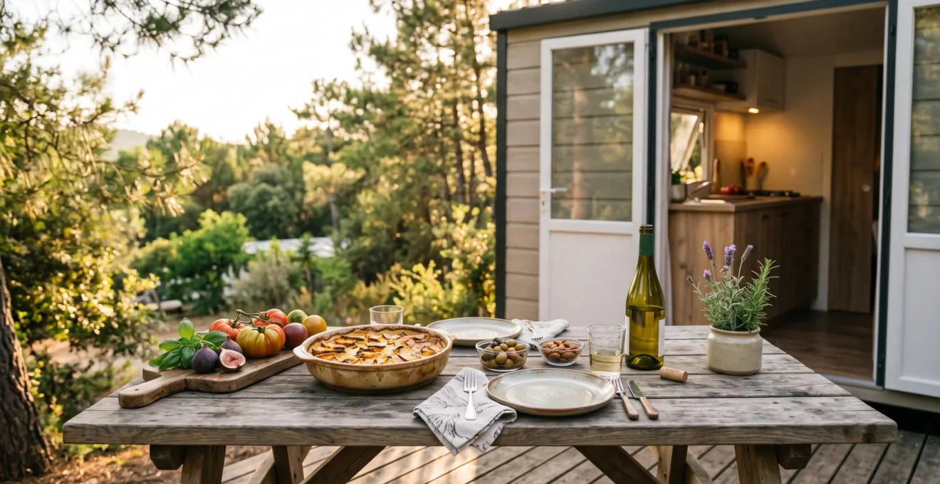 Table dressée avec des plats gastronomiques faits maison dans une kitchenette de camping naturiste en pleine nature