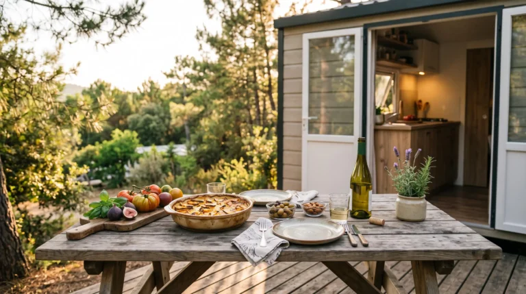 Table dressée avec des plats gastronomiques faits maison dans une kitchenette de camping naturiste en pleine nature