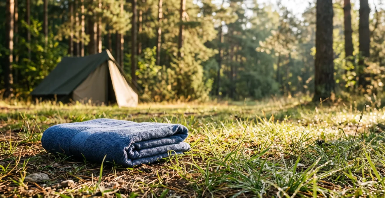 Emplacement de camping naturiste en pleine nature, alliant simplicite et confort discret au lever du jour