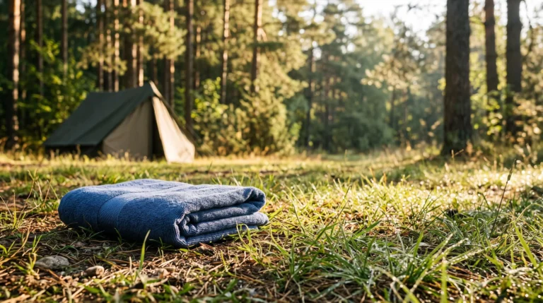 Emplacement de camping naturiste en pleine nature, alliant simplicite et confort discret au lever du jour
