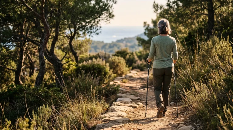 Marcheur senior de dos avec bâtons de marche nordique sur un sentier naturel baigné de lumière, symbolisant la liberté du camping naturiste