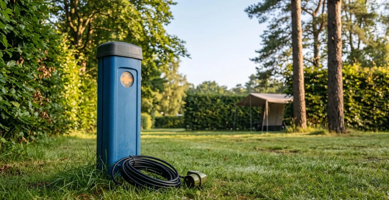 Borne électrique bleue sur une parcelle de camping naturiste entourée de verdure au lever du soleil