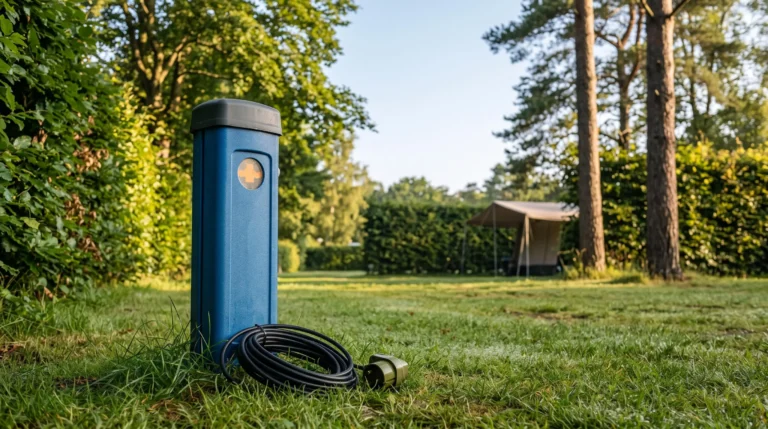 Borne électrique bleue sur une parcelle de camping naturiste entourée de verdure au lever du soleil