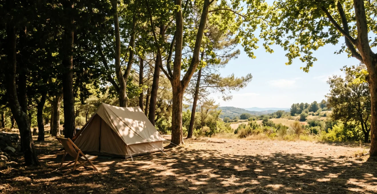 Parcelle de camping naturiste ombragée par de grands arbres offrant fraîcheur en plein été