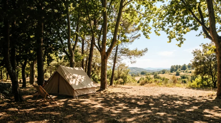 Parcelle de camping naturiste ombragée par de grands arbres offrant fraîcheur en plein été