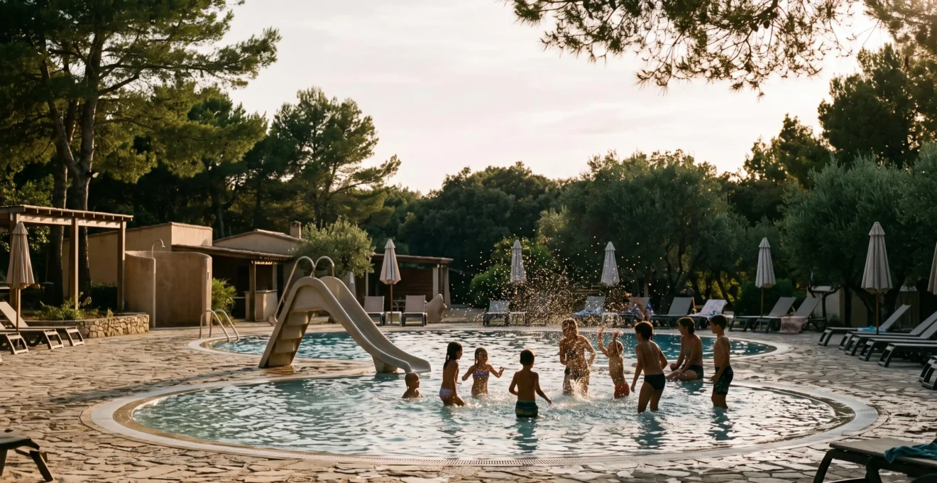 Enfants jouant librement dans une piscine ludique au sein d'un camping naturiste, ambiance familiale et estivale