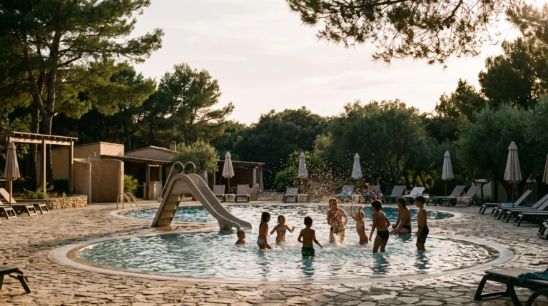 Enfants jouant librement dans une piscine ludique au sein d'un camping naturiste, ambiance familiale et estivale