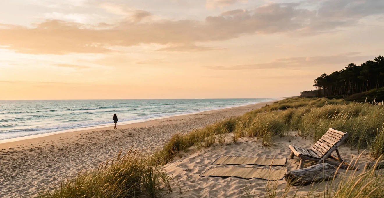 Plage sauvage bordée de dunes et de pins évoquant un camping naturiste avec accès direct à la mer en France