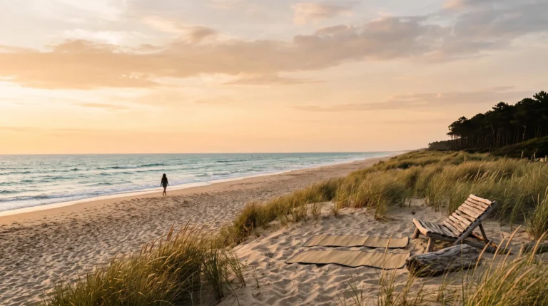 Plage sauvage bordée de dunes et de pins évoquant un camping naturiste avec accès direct à la mer en France