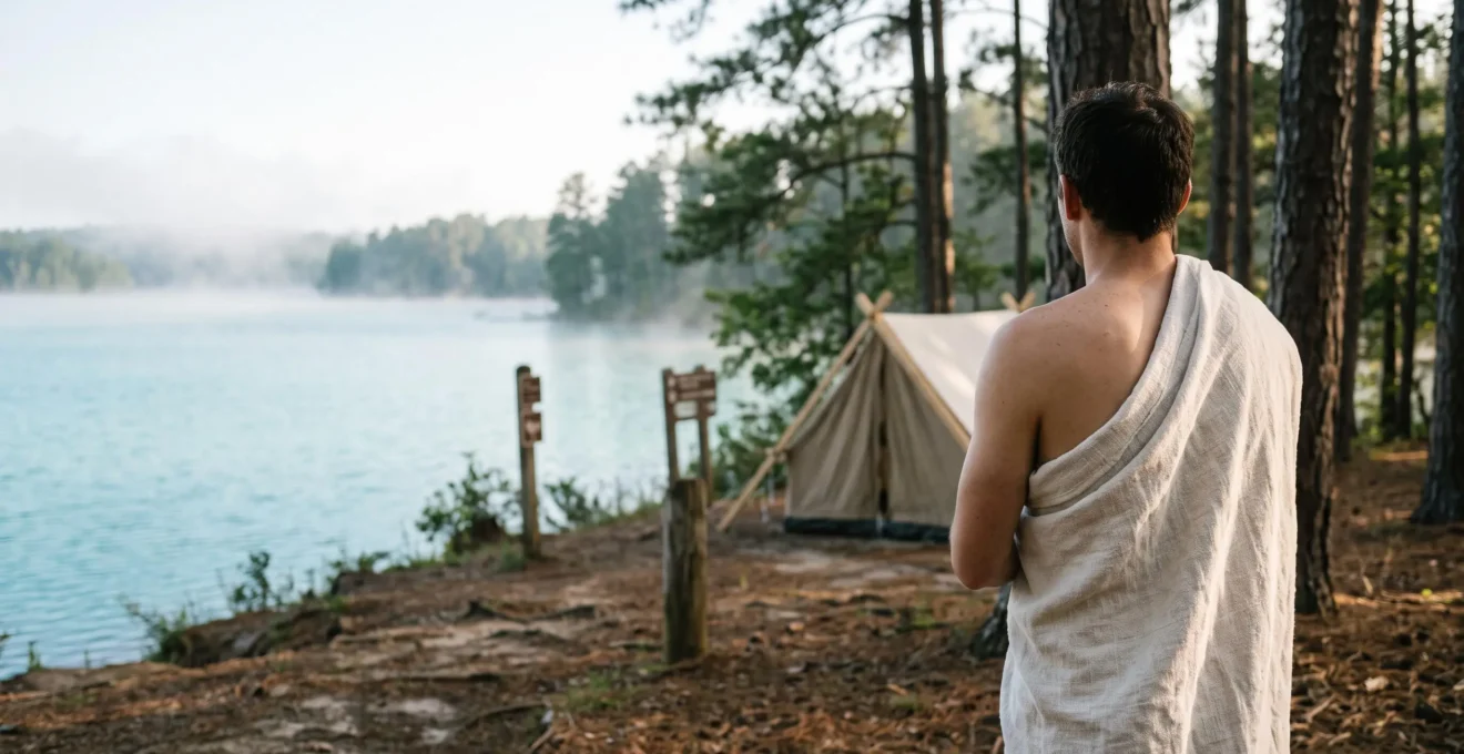 Silhouette paisible au bord d'une clairière naturiste en pleine nature, symbolisant la sérénité d'une première expérience