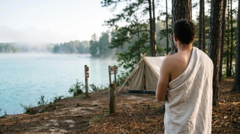 Silhouette paisible au bord d'une clairière naturiste en pleine nature, symbolisant la sérénité d'une première expérience