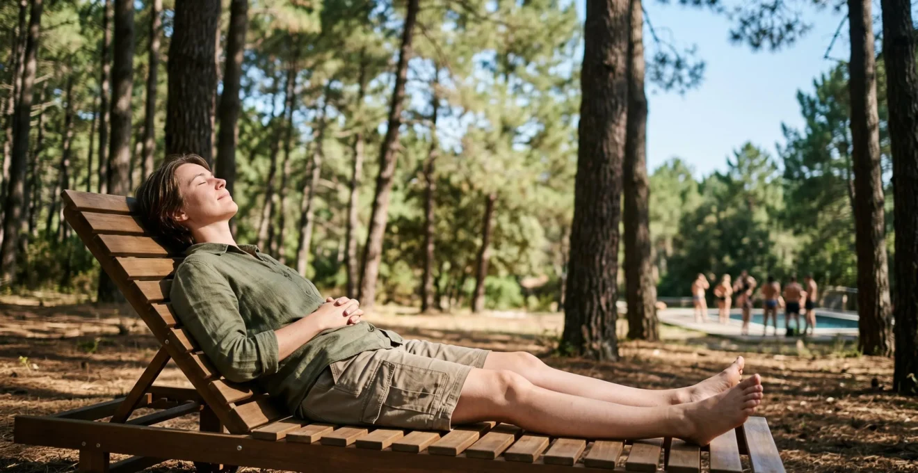 Vacancier serein allongé dans un transat au milieu d'un domaine de camping naturiste boisé, avec en arrière-plan flou des silhouettes participant à une activité collective