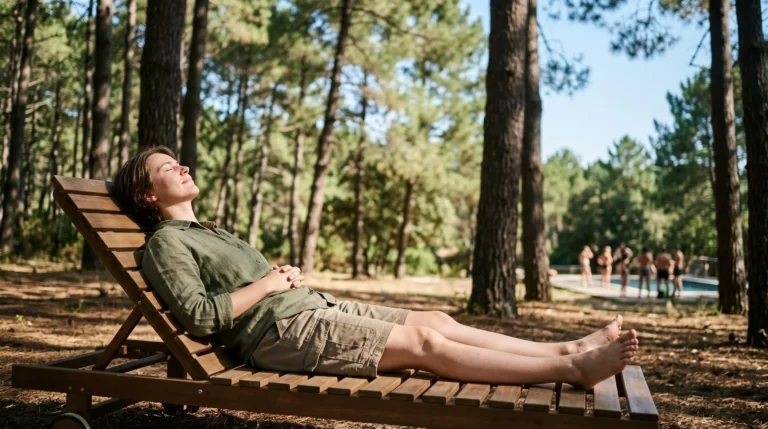 Vacancier serein allongé dans un transat au milieu d'un domaine de camping naturiste boisé, avec en arrière-plan flou des silhouettes participant à une activité collective