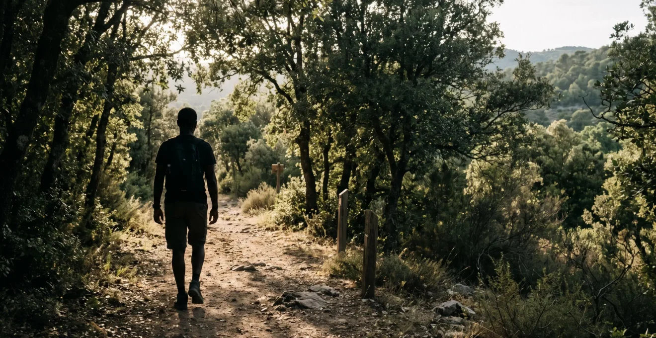 Silhouette d'un randonneur nu de dos, cheminant sur un sentier naturel isolé en France, symbole de liberté et de discrétion naturiste.