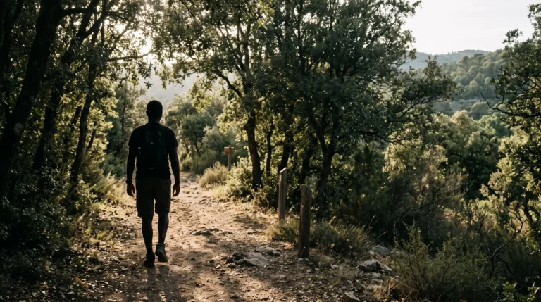 Silhouette d'un randonneur nu de dos, cheminant sur un sentier naturel isolé en France, symbole de liberté et de discrétion naturiste.