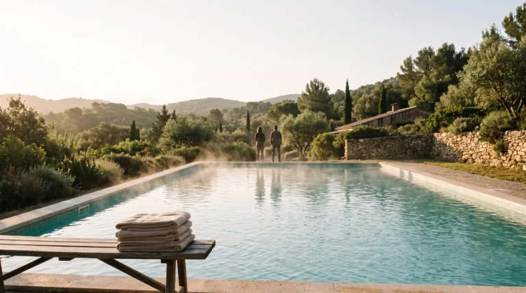 Bassin de piscine dans un camping naturiste au lever du soleil, symbole de sérénité et de respect collectif