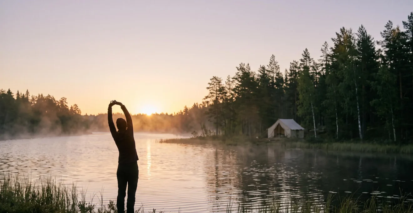 Silhouette active au bord d'un lac au lever du soleil illustrant la remise en forme en camping naturiste