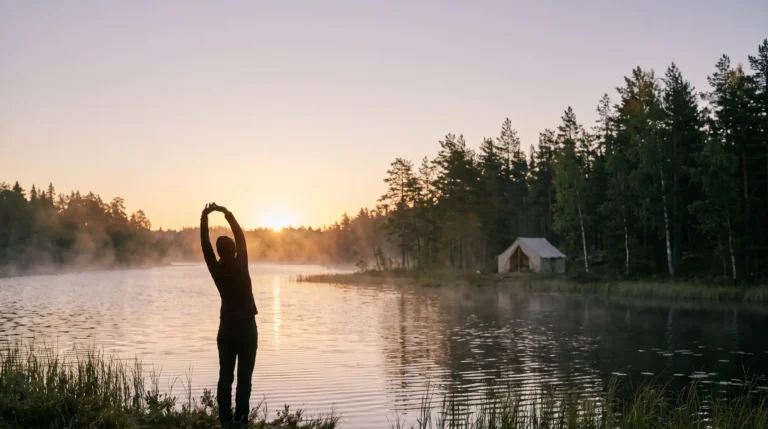 Silhouette active au bord d'un lac au lever du soleil illustrant la remise en forme en camping naturiste