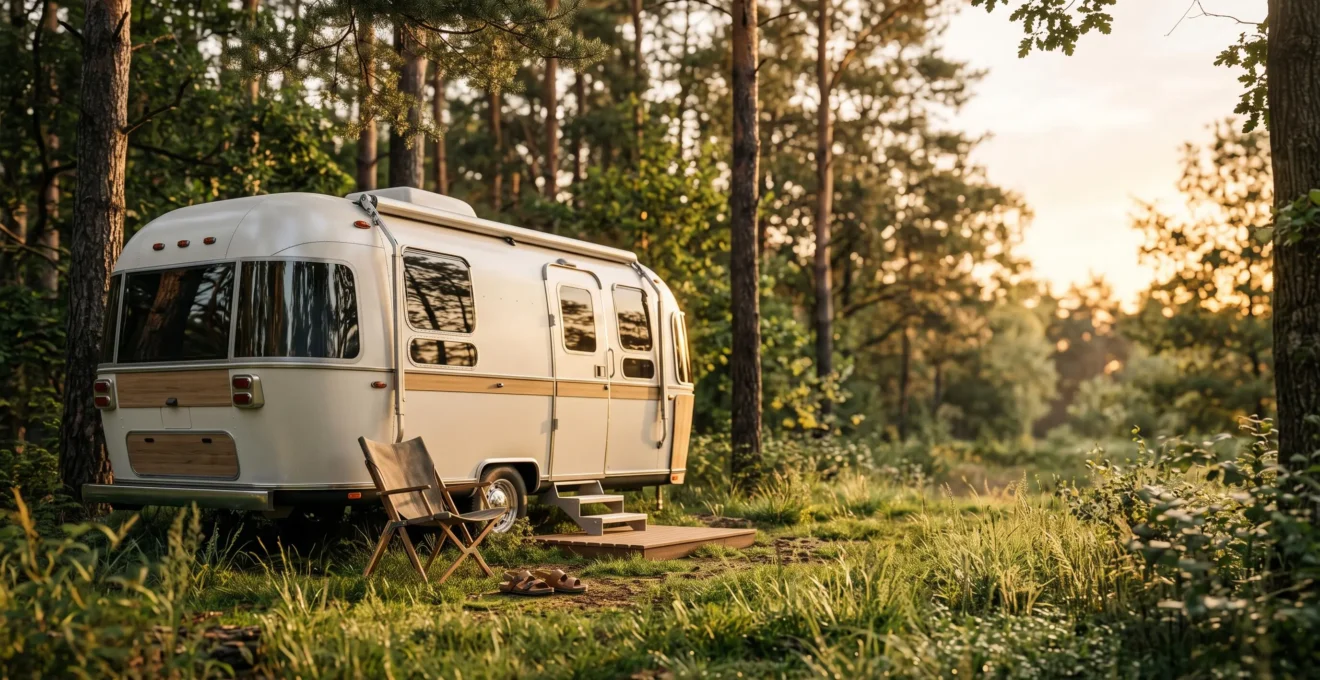 Résidence mobile nichée dans une clairière naturelle au petit matin, symbole du nomadisme naturiste confortable