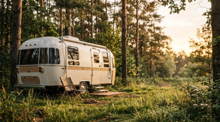Résidence mobile nichée dans une clairière naturelle au petit matin, symbole du nomadisme naturiste confortable