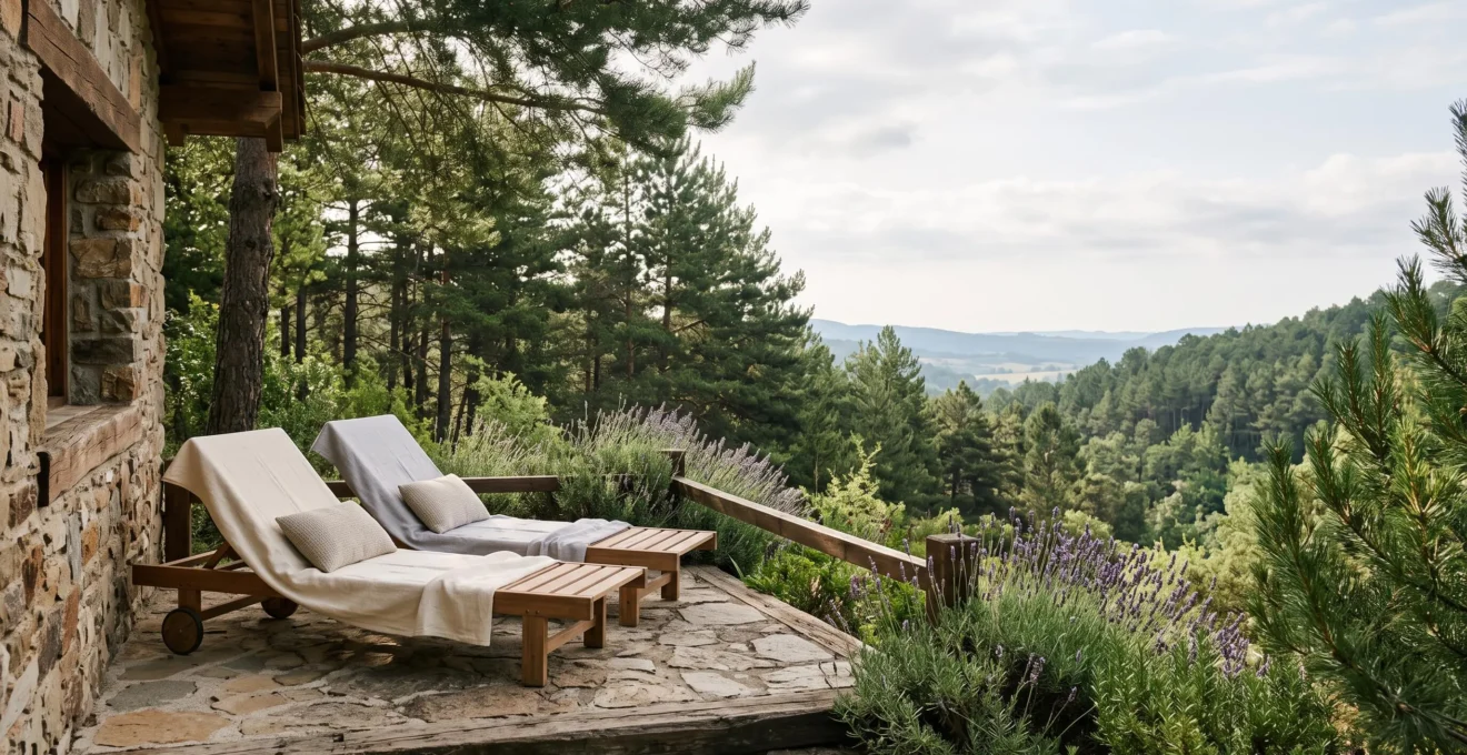 Terrasse ensoleillée d'un cottage en résidence de tourisme naturiste entourée de nature, avec transats vides et espace de vie extérieur