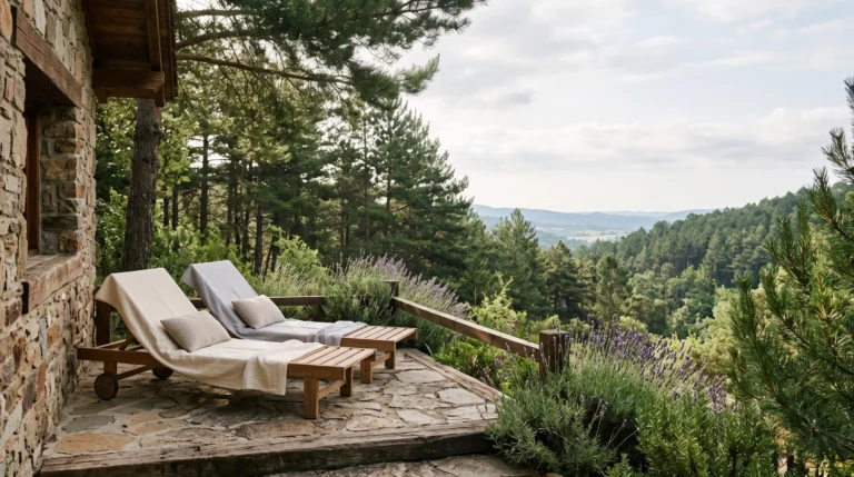 Terrasse ensoleillée d'un cottage en résidence de tourisme naturiste entourée de nature, avec transats vides et espace de vie extérieur