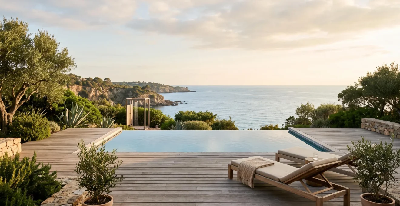 Terrasse privée en bois exotique d'un lodge de luxe surplombant la mer Méditerranée au coucher du soleil, illustrant un resort naturiste haut de gamme en France