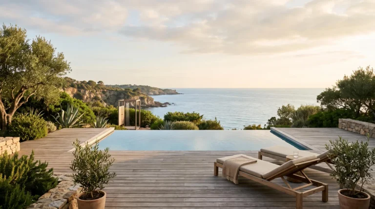 Terrasse privée en bois exotique d'un lodge de luxe surplombant la mer Méditerranée au coucher du soleil, illustrant un resort naturiste haut de gamme en France