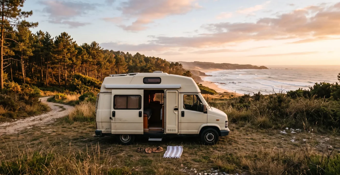 Camping-car stationne au coucher du soleil pres d'une foret, evoquant un road trip naturiste en liberte