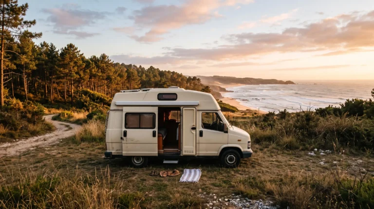 Camping-car stationne au coucher du soleil pres d'une foret, evoquant un road trip naturiste en liberte