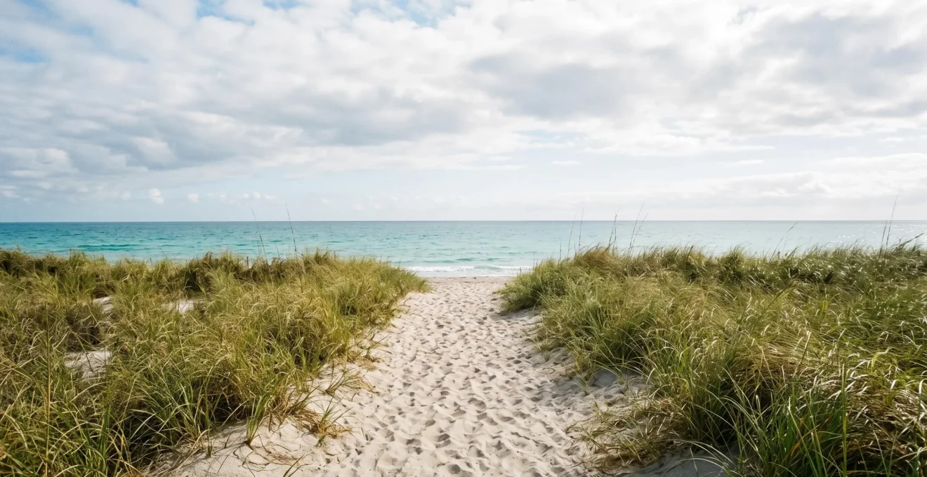 Sentier de sable clair menant sans aucun obstacle depuis la dune jusqu'au bord de mer, lumière du petit matin