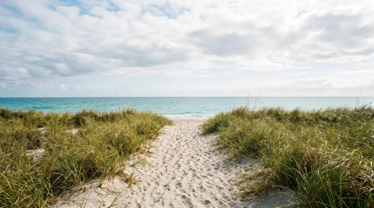 Sentier de sable clair menant sans aucun obstacle depuis la dune jusqu'au bord de mer, lumière du petit matin