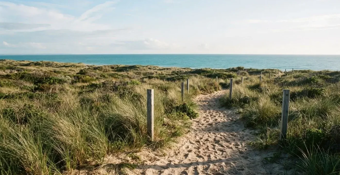 Sentier de sable serpentant à travers les dunes vers l'océan, symbolisant le trajet entre un camping naturiste et la plage