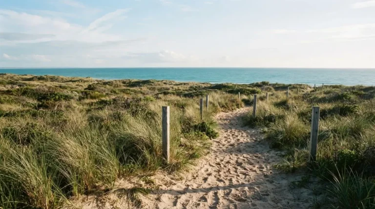 Sentier de sable serpentant à travers les dunes vers l'océan, symbolisant le trajet entre un camping naturiste et la plage