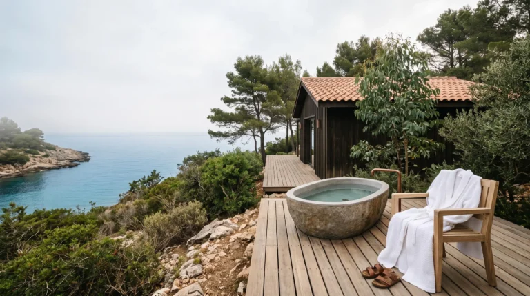Cabane haut de gamme en bois nichée dans un domaine naturiste au bord de la mer, symbolisant les services premium et la conciergerie VIP