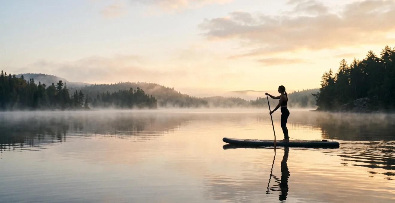 Silhouette sereine en équilibre sur un paddle au lever du soleil sur une eau calme, incarnant le calme mental recherché en camping naturiste
