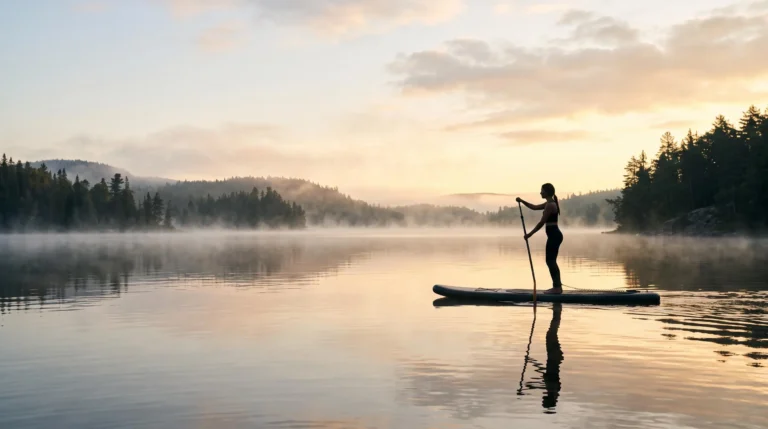 Silhouette sereine en équilibre sur un paddle au lever du soleil sur une eau calme, incarnant le calme mental recherché en camping naturiste
