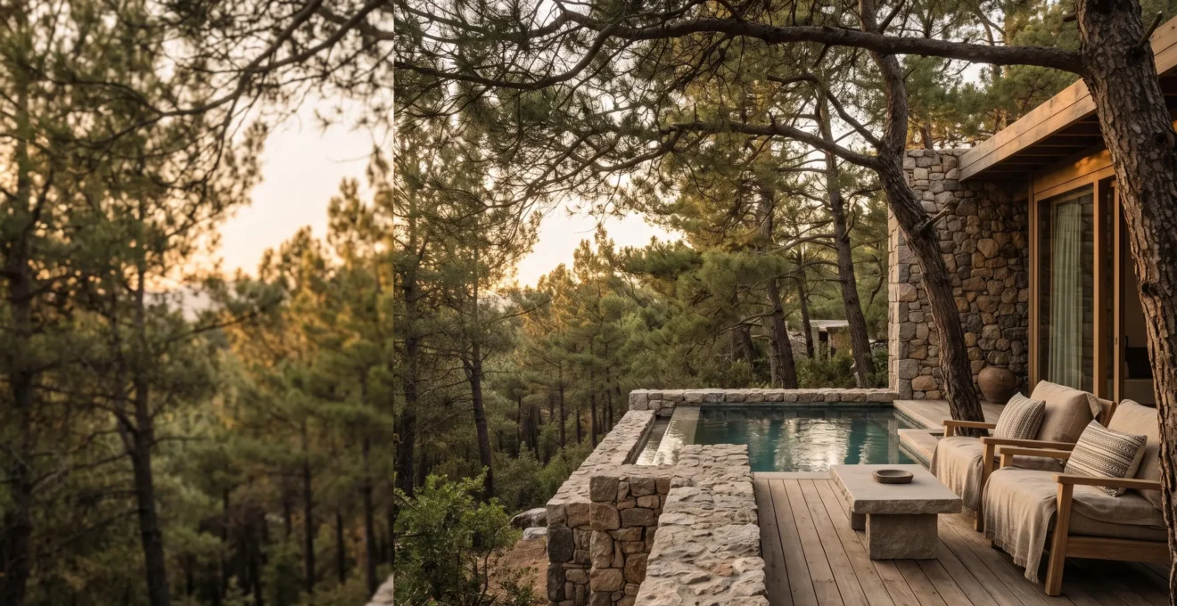 Suite ouverte de luxe au coeur d'un domaine naturiste boise, terrasse privee au coucher du soleil