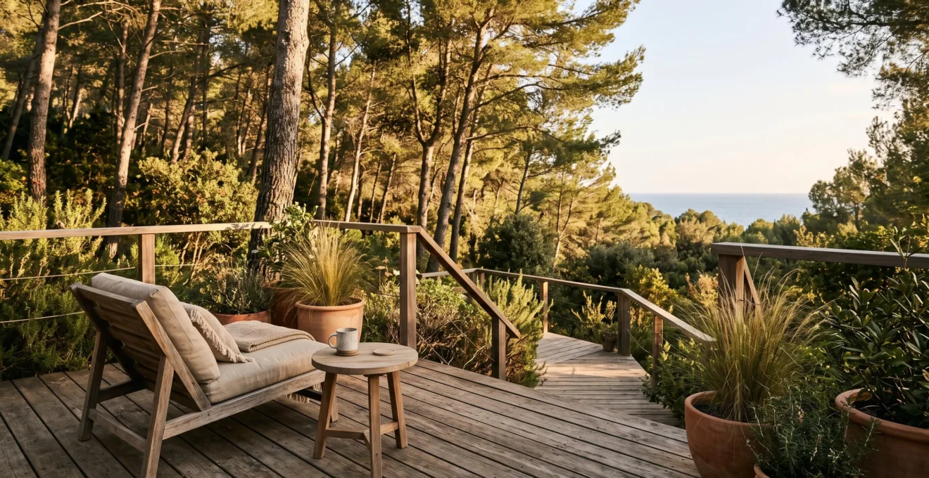 Terrasse en bois aménagée comme un salon extérieur au cœur d'un camping naturiste arboré