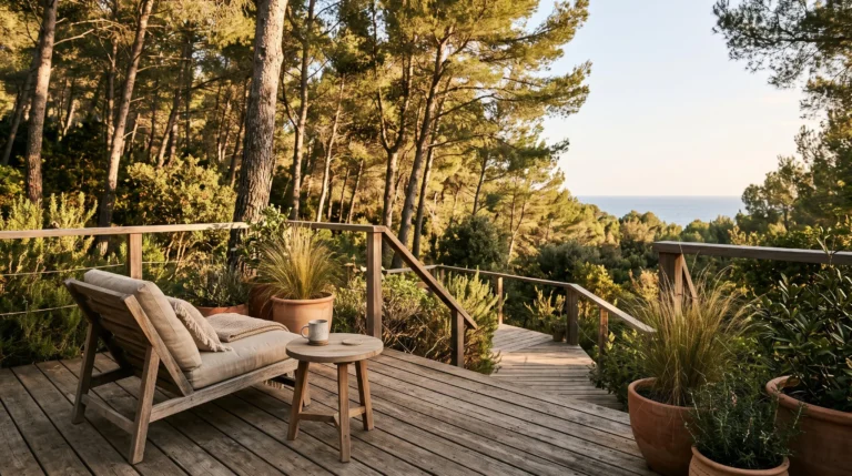 Terrasse en bois aménagée comme un salon extérieur au cœur d'un camping naturiste arboré