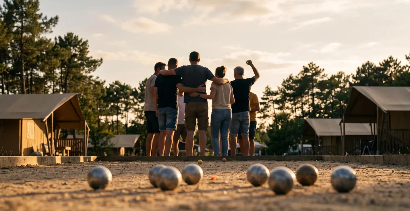 Ambiance conviviale d'un tournoi sportif en plein air dans un camping nature, symbolisant le partage et la rencontre