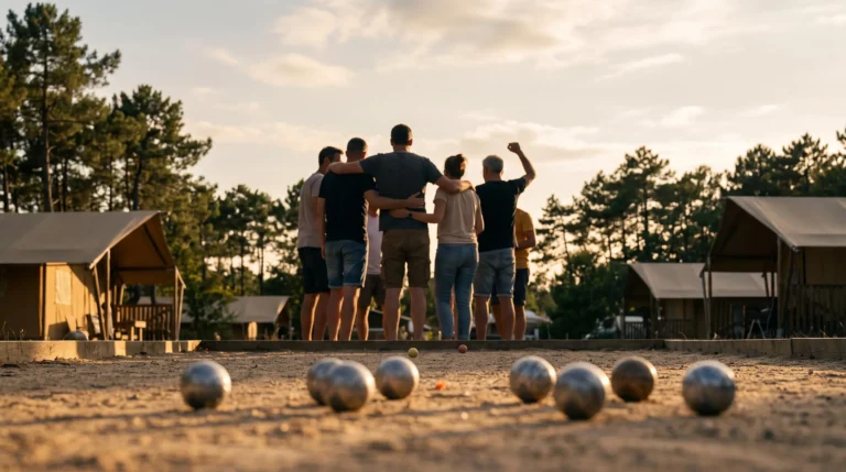 Ambiance conviviale d'un tournoi sportif en plein air dans un camping nature, symbolisant le partage et la rencontre