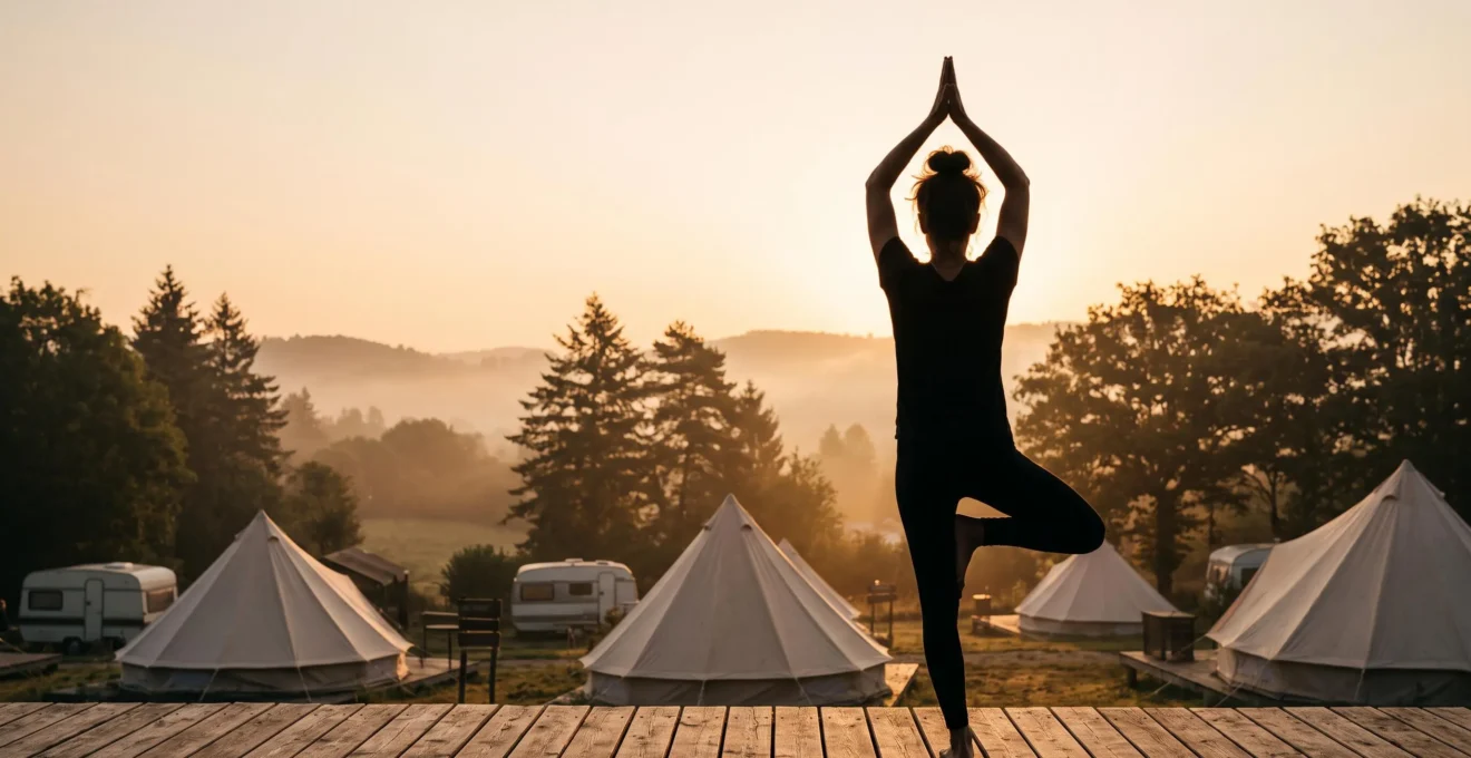 Silhouette pratiquant une posture de yoga au lever du soleil dans un camping naturiste en pleine nature