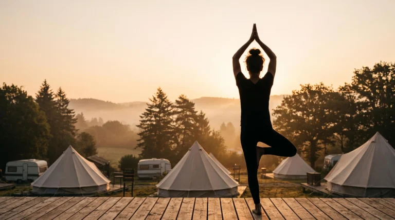 Silhouette pratiquant une posture de yoga au lever du soleil dans un camping naturiste en pleine nature